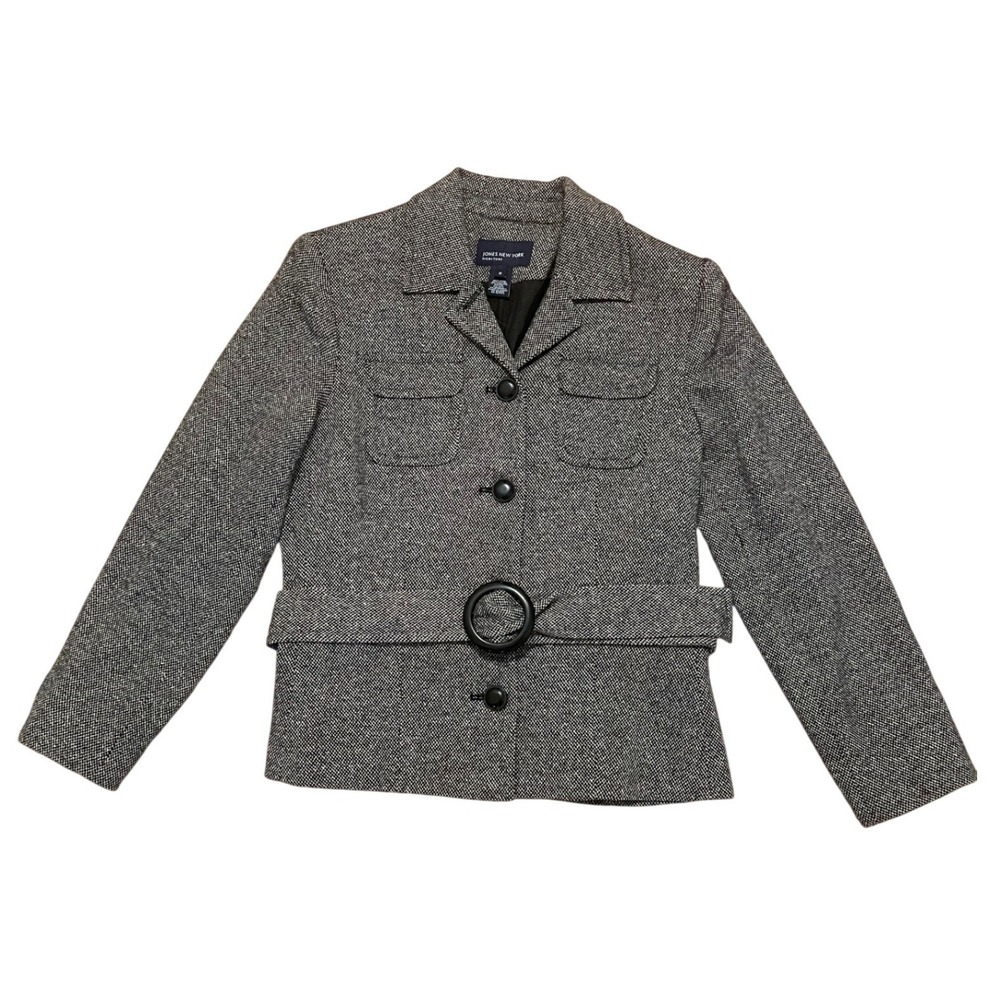 Jones New York‎ Signature Blazer Y2K Size 8 Wool Blend Belted Black and Ivory